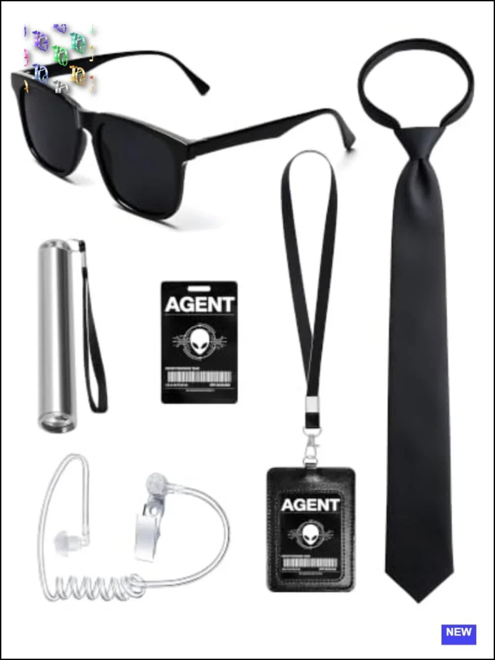 Secret Agent Costume Accessory Set Sunglasses Flashlight ID Card Earpiece Tie